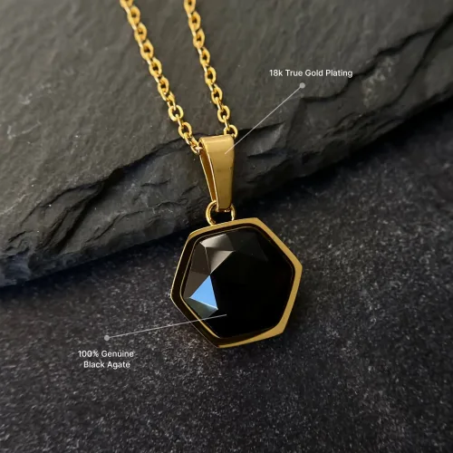 Black Agate Crystal Necklace Hexagon Amulet 18k