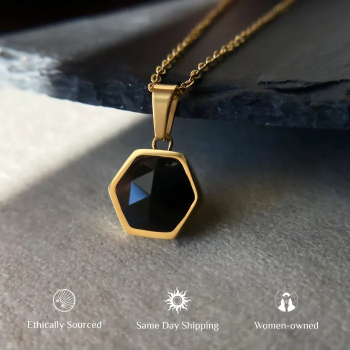 Black Agate Crystal Necklace Hexagon Amulet 18k